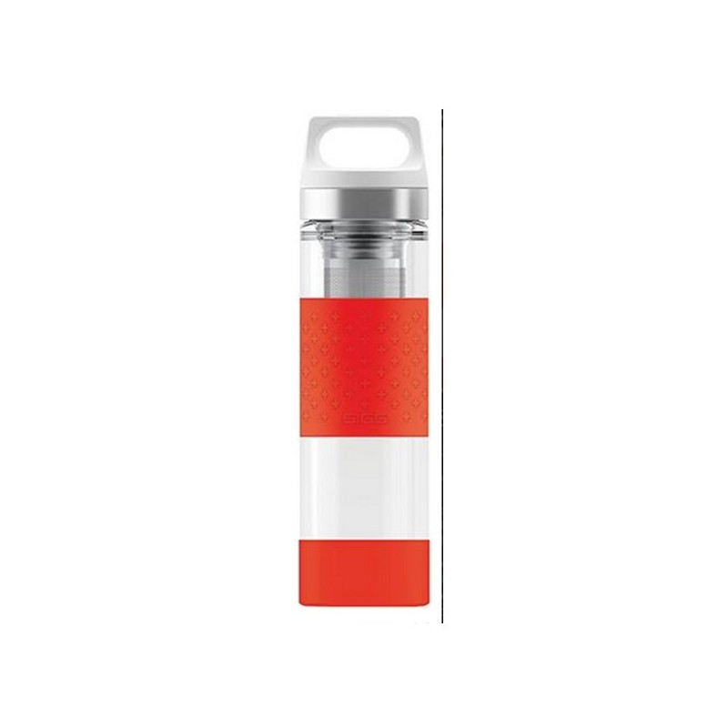 Gourde en verre isotherme, protection silicone rouge, 2 filtres à thé intégrés, 400ml, SIGG Gourde en verre isotherme, protection silicone rouge, 2 filtres à thé intégrés, 400ml, SIGG