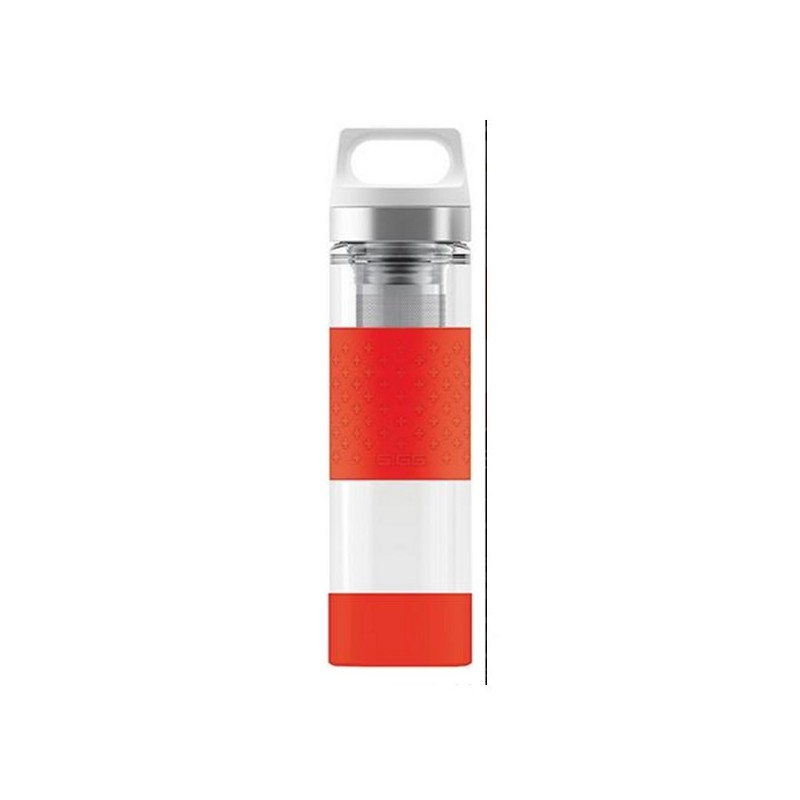 Gourde en verre isotherme, protection silicone rouge, 2 filtres à thé intégrés, 400ml, SIGG