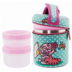 Lunch Box inox isotherme 1L, 2 compartiments housse rouge éléphant et singe