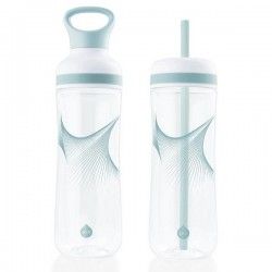 Gourde 2 en 1 eau ou smoothie en Tritan avec 2 pailles, design bleu/vert, 800ml