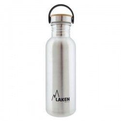 Gourde inox 0,75 litre, large goulot, bouchon inox et bambou