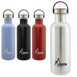 Gourde inox 1 litre, large goulot, bouchon inox et bambou